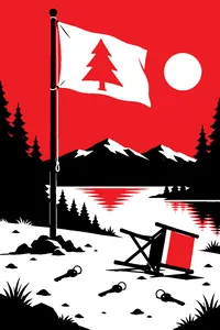 A camp flagpole with a homemade banner raised, an overturned director's chair and scattered bunk keys in the dirt below.