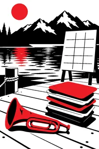 A dented bugle, a stack of mismatched cafeteria trays and a hand-drawn Olympiad scoreboard on a lakeside dock.