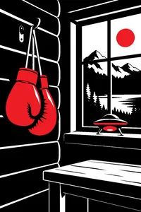 A pair of boxing gloves hanging from a camp cabin hook beside a small glowing green flying saucer on the windowsill.