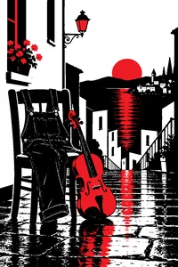 A fiddle and a pair of denim dungarees draped over a wooden chair on a rain-wet terraced street at dusk.
