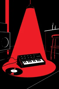 A small black synthesizer on a nightclub floor under a single pink spotlight, a dropped 45 record beside it.
