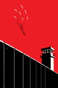 A cluster of red balloons drifting over a concrete wall and a guard tower against a pale blue sky.