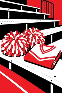 Two red and white pom-poms resting on a gym bleacher next to a varsity cheer sweater folded neatly.