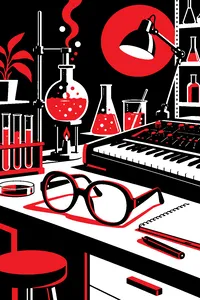 A cluttered laboratory bench with bubbling beakers, a synthesizer keyboard and a pair of oversized glasses.