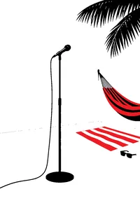 A single microphone on a stand in an empty white studio, a beach towel and a hammock in the corner.