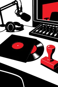 A vinyl single in a plain black sleeve sitting on a radio studio desk beside a large red ban stamp.