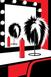 A tall can of hairspray and a spiky two-tone blond wig on a mannequin head in a dressing room mirror.