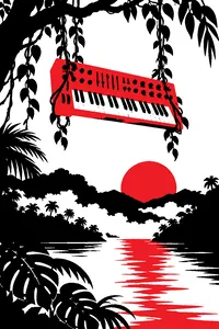 A pastel synthesizer hanging from jungle vines above a tropical river, mist rising at sunrise.