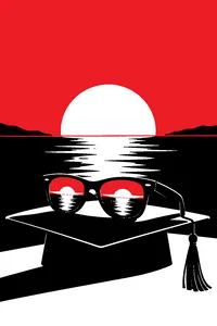 A pair of black sunglasses resting on a graduation cap, reflecting a blinding white glow on the horizon.