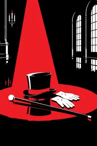 A top hat, white gloves and a cane left on a glossy black ballroom floor under a cold blue spotlight.