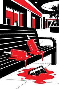 Two melting ice pops on a mall bench under a neon glow, a cassette tape half buried in the puddle.