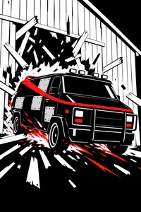 A black van with a red stripe bursting through a barn wall
