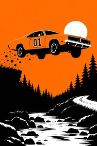 An orange muscle car numbered 01 jumping over a creek