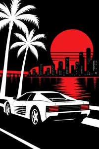 A white sports car under palm trees before a red sunset and the Miami skyline