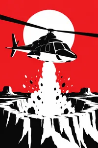 A sleek black helicopter rising out of a mesa against a red sky