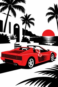 A red convertible sports car with a Hawaiian shirt on the seat, palms behind