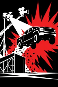 A pickup truck flying off a movie-set ramp past a camera crane and a red explosion