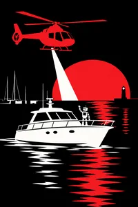 A white cabin cruiser in a harbor with a red helicopter overhead and a small robot on deck