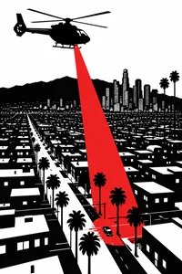 A helicopter over Los Angeles at night with a red searchlight beam