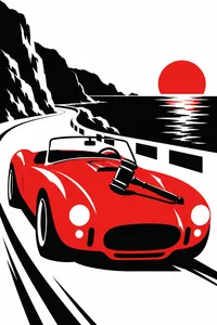 A red roadster with a gavel on the hood on a coastal road
