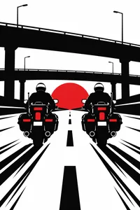 Two police motorcycles on a freeway under an overpass with a red sun between them