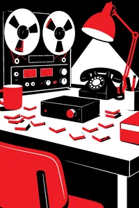 A small black electronic box on a cluttered workbench surrounded by scattered blank wooden game tiles, a reel-to-reel tape recorder and a rotary phone.