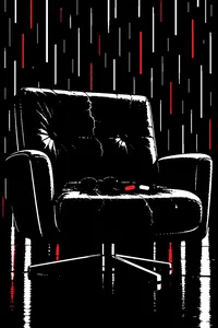 A pair of tiny black sunglasses resting beside a red pill and a blue pill on a cracked leather chair, green light falling like rain behind.