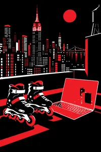 A pair of rollerblades and a translucent laptop on a Manhattan rooftop at night, the city lit up with neon behind.