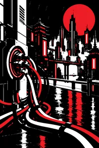 A tangle of cables plugging into a sleek cybernetic port on a rain-streaked neon rooftop over a futuristic Asian city.