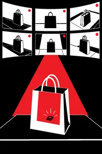 A shopping bag with a tiny tracking chip glowing inside it under a wall of surveillance monitors.