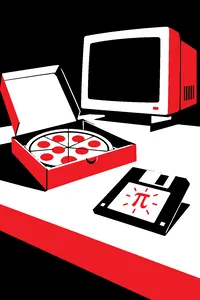 A floppy disk with a small pi symbol glowing on its label, next to a pizza box and a CRT monitor.