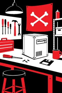 A garage workbench with a wooden computer case, a beige floppy drive and a pirate flag pinned to the wall.