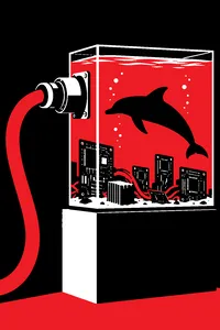 A bulky metal data cable plugged into a glowing aquarium tank where a dolphin swims among circuit boards.