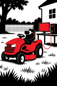 A red riding lawnmower parked in a grassy yard, wired up to a virtual reality headset and a glowing computer.
