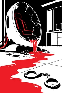A shattered glass VR pod leaking glowing blue liquid onto a lab floor beside a pair of handcuffs.