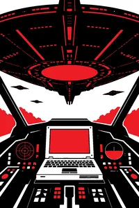 A gray 90s laptop glowing on a dashboard of a fighter jet, with an enormous alien mothership filling the window.