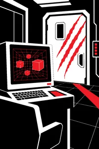 A 90s computer terminal showing a 3D grid of floating blocks, a dinosaur claw scratch across the control room door behind it.