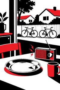 A dented metal plate on a kitchen table next to a crackling transistor radio, two identical orange bikes leaning on a suburban fence outside.