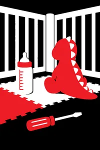 A toy screwdriver lying on a playpen floor beside a baby bottle and a stuffed purple dinosaur toy.