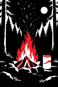 A campfire in a dark forest clearing with a canister of powdered creamer beside it and white sparks erupting from the flames.