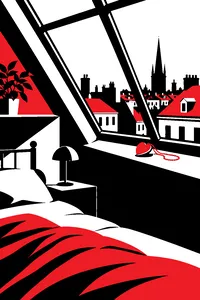 A city boarding house rooftop bedroom with a glass skylight, a heart-shaped locket left on the windowsill.