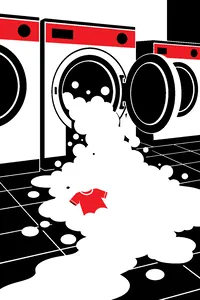 An overflowing laundromat washing machine spilling suds onto a tile floor, a tiny wallaby-sized shirt drifting in the foam.