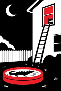 A wooden ladder leaning against a second-story bedroom window at night, a small alligator in a kiddie pool on the lawn below.