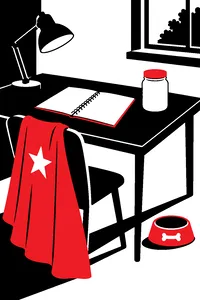 An open spiral journal on a desk beside a homemade superhero cape, a dog bowl and a jar of mayonnaise.