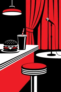 A greasy fast-food burger and a soda on a diner counter beside a stage curtain and a microphone stand.