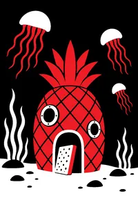A pineapple house on the seafloor with a yellow kitchen sponge leaning in the doorway and jellyfish floating past.