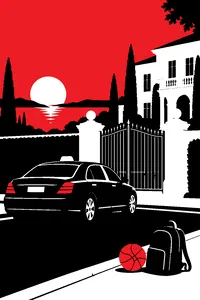A cab parked in front of a white mansion gate at sunset, a basketball and a backpack resting on the curb beside it.