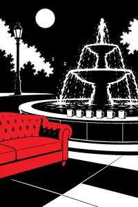 An orange velvet couch next to a splashing park fountain at night, six coffee mugs lined up on the fountain's rim.
