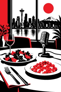 A plate of tossed salad and a plate of scrambled eggs on a fine dining table beside a vintage radio microphone, the Seattle skyline in the window.