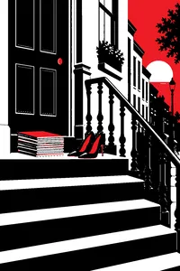 A Brooklyn brownstone stoop at golden hour with a stack of glossy magazines and a pair of high heels on the top step.